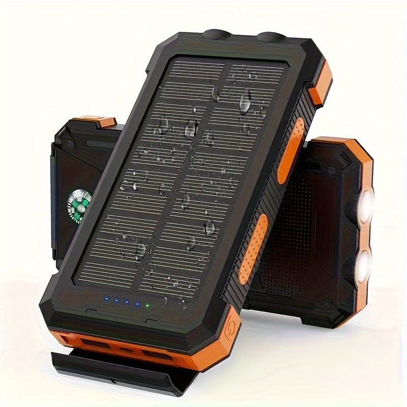 Draagbare solar powerbank 7000mAh met sterke LED-lamp en 2 USB-poorten – voor noodgevallen.
